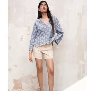 Zara Floral Embroidered Retro V-Neck Long-Sleeved high low top cotton small